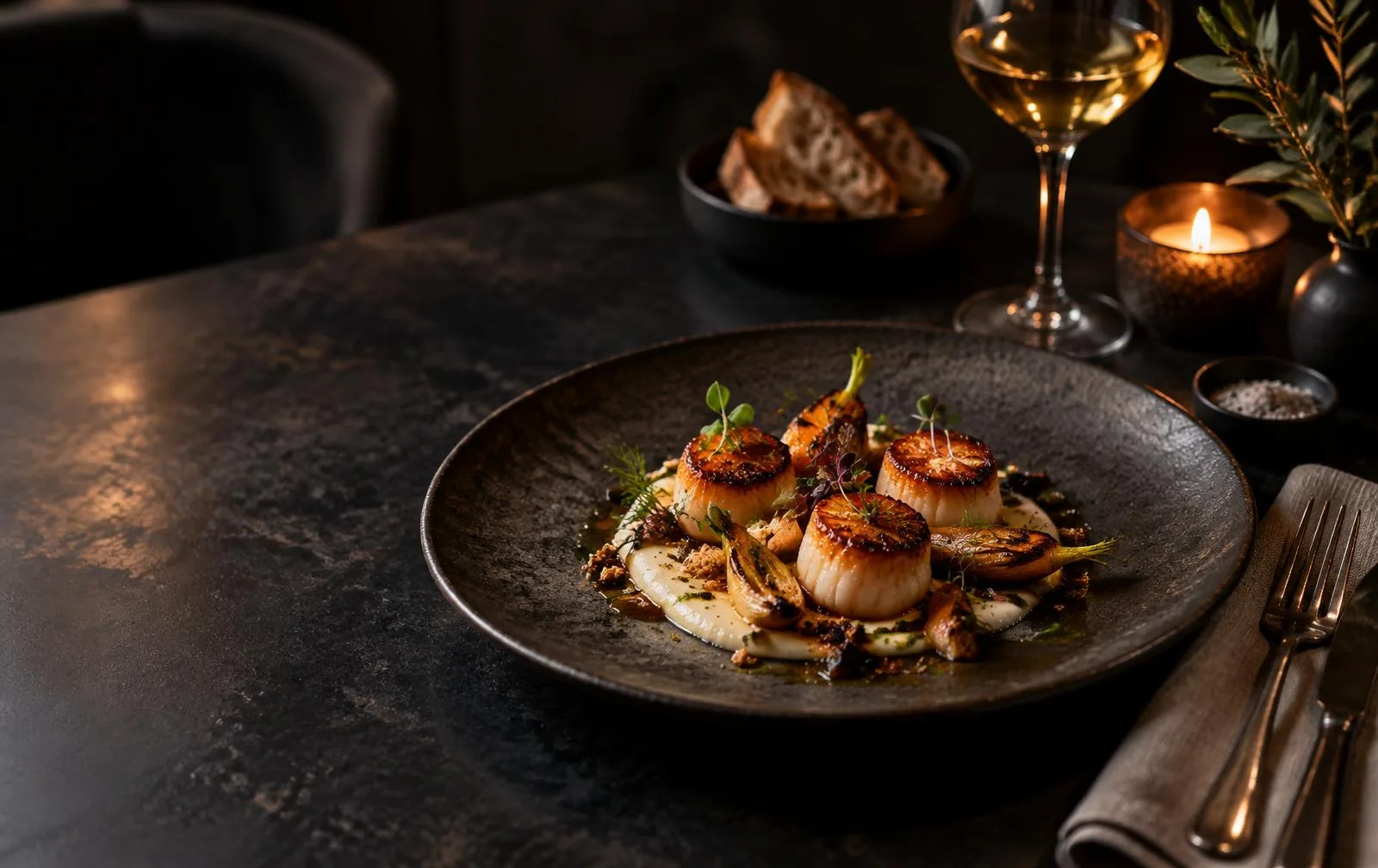 Visuel de concept pour le site du bistrot fictif Ardoise Noire, autour d’un plat de saison à la lueur des bougies
