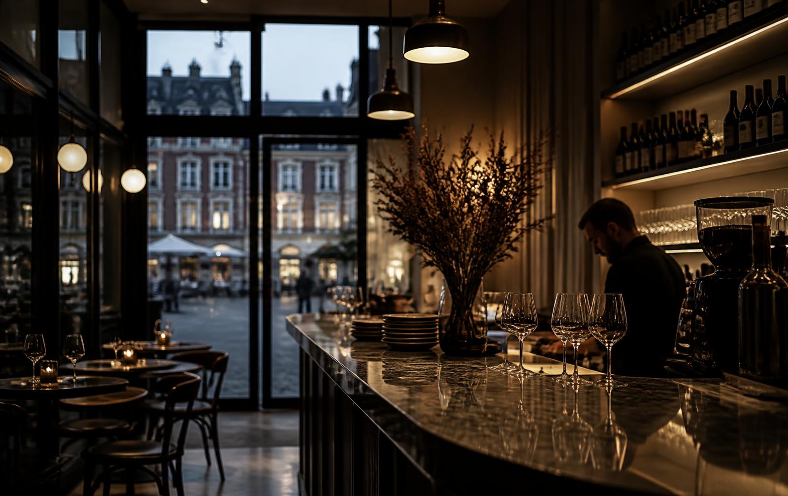 Warm evening atmosphere inside a contemporary bistro in Lille