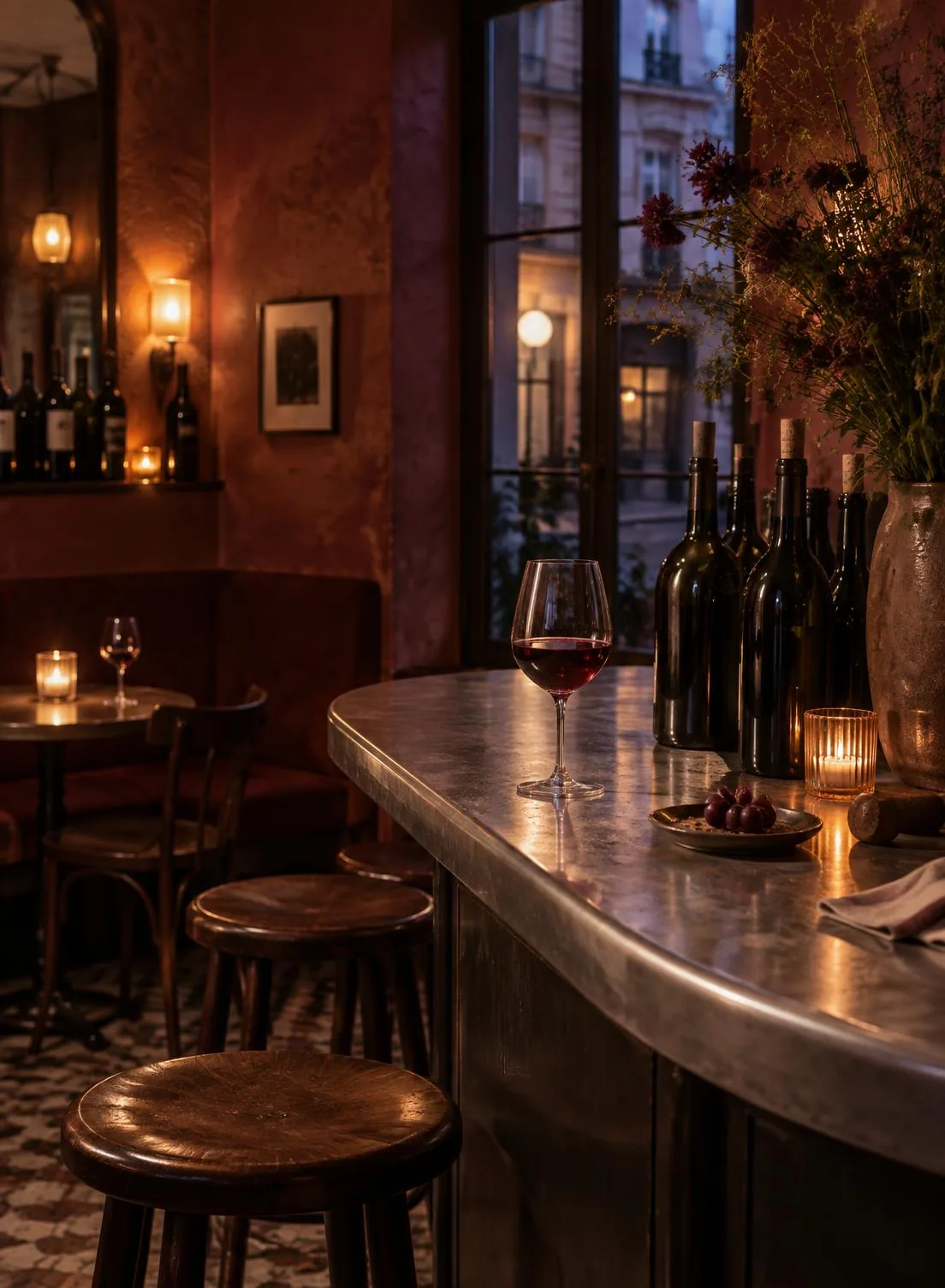 Visuel de concept pour le bar à vins fictif Minuit Raisin, dans une ambiance intime